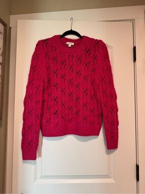 On 34th Open-Front Fuchsia Eyelet Crewneck Sweater - Women